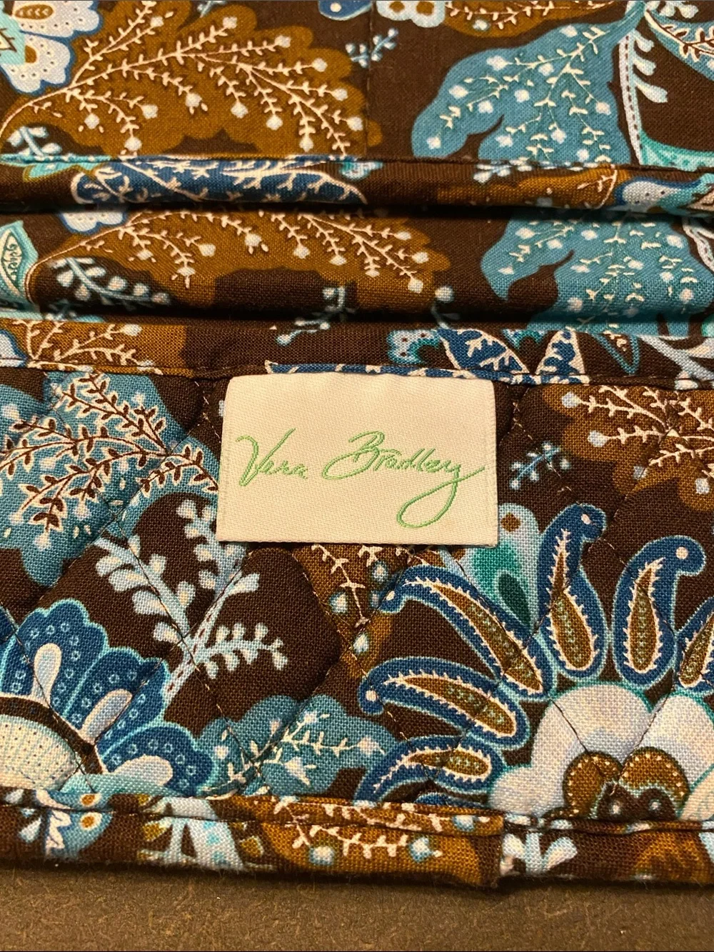 Vintage Vera Bradley Java Blue Trifold Wallet Quilted Cotton Brown Teal 7”x4”
